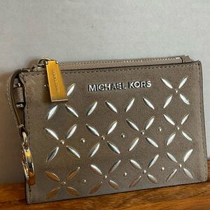 Michael Kors suede wallet Silver and Tan Wristlet key chain